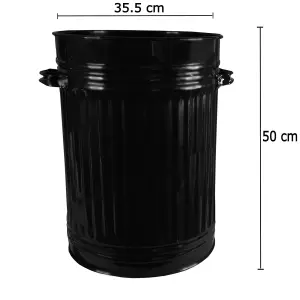 Black Metal Bin Retro Galvanised Dustbin Vintage Style Steel Bin - 45L