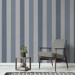 Larson Stripe Wallpaper Fine Décor Textured Vinyl Metallic Navy Silver