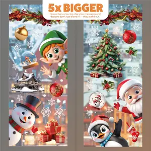 Peeking Santa & Friends With Snowflakes Window Clings