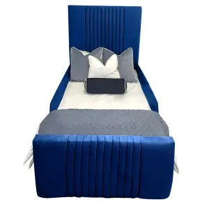 Samsun Kids Bed Gaslift Ottoman Plush Velvet with Safety Siderails- Blue