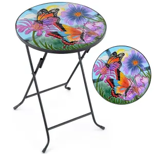 Folding Glass Table Garden Outdoor Patio Decoration Painted Round Top Christow Butterfly