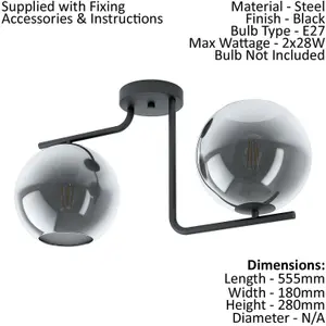 Flush Ceiling Light Black Shade Black Transparent Glass Vaporized Bulb E27 2x28W