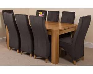 Kuba 180 x 90 cm Chunky Oak Dining Table and 8 Chairs Dining Set with Lola Black Fabric Chairs