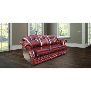 Chesterfield 3 Seater Antique Oxblood Red Leather Sofa Settee In Era Style