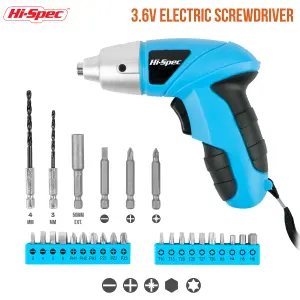 Hi-Spec 27pc 3.6V Blue Compact Electric Power Screwdriver & Driver Bit Set. USB Rechargeable for Cordless Screwdriving