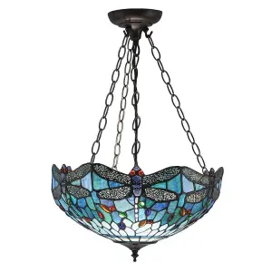 Luminosa Dragonfly Tiffany 3 Light Medium Inverted Ceiling Pendant Bronze, Blue