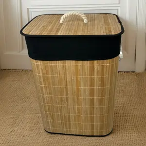 Bamboo Laundry Basket with Lid Liner 72L Folding Washing Clothes Bin Hamper Bag