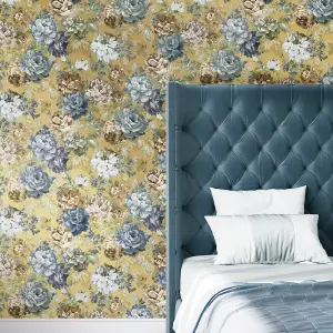 Galerie Opulence Mustard Yellow Blue Italian Floral Embossed Wallpaper