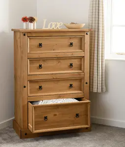 Corona 4 Drawer Wide Chest in Distressed Waxed Pine