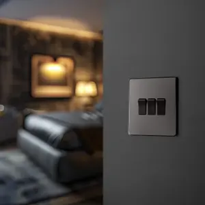 BG Evolve 20A Triple Wall Light Switch, 2 Way, Screwless, Black Chrome