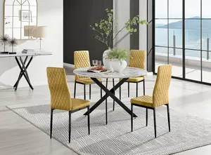 Furniturebox UK Novara White Marble Black Leg 120cm Round Dining Table & 4 Mustard Velvet Milan Black Leg Chairs