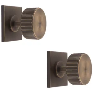 2 PACK - Reeded Radio Cabinet Door Knob & Matching Backplate - Antique Brass 40 x 40mm