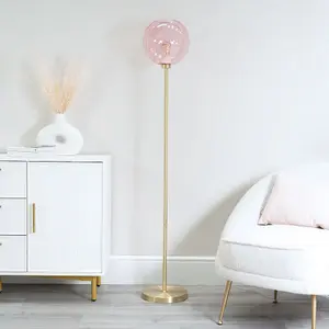 ValueLights Frenchie Brushed Gold Metal Floor Lamp with Pink Tinted Glass Globe Shade - LED Bulb Included