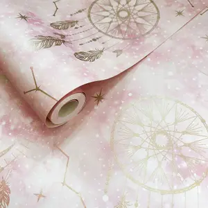 WallpaperShop Dreamcatcher Pink Gold Wallpaper Children's Bedroom Feature Wall