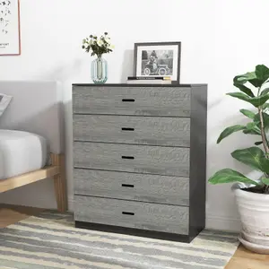 URBNLIVING Height 90.5cm 5 Drawer Wooden Bedroom Chest Cabinet Modern Black Carcass and Ash Grey Drawers Wide Storage Cupboard