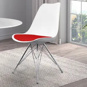 Soho White and Red Plastic Dining Chair with Chrome Metal Legs