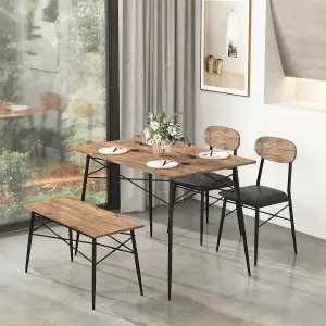 Costway 4 Pcs Dining Table Set Rectangular Kitchen Table w/ Bench & 2 Upholstered Chairs