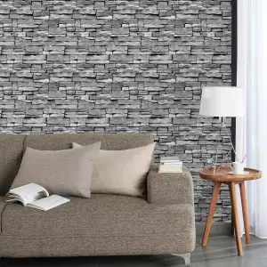 Arrou Grey Stone effect Brick Smooth Wallpaper Sample