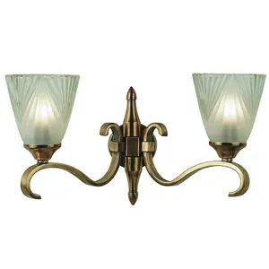 Luxury Traditional Twin Wall Light Antique Brass Art Deco Glass Shade Dimmable