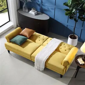 Hanney 3-Seater Chesterfield Sofa Bed In Mustard Yellow Velvet, Clic Clac Sofa Bed - Daals - Sofa Beds