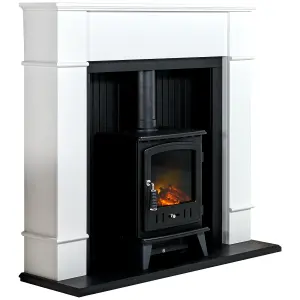 Adam Oxford Stove Fireplace in Pure White with Aviemore Electric Stove in Black, 48 Inch