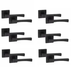 6 Pair Wave Design Door Handles Square Rose Matt Black Finish