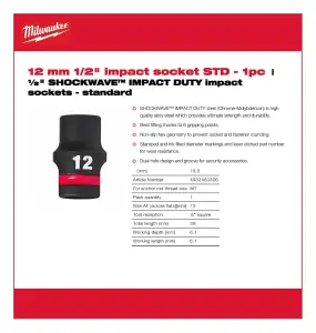 Milwaukee - 1/2"  SHOCKWAVE™ IMPACT DUTY Impact Socket - Standard - 12mm