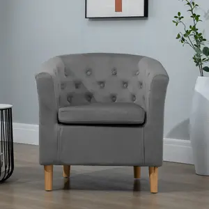 Clio 68cm wide Dark Grey Velvet Fabric Studded Back Accent Chair with Dark and Light Wooden Legs