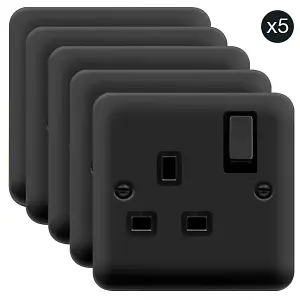 5 PACK - Curved Matt Black 1 Gang 13A DP Ingot Switched Plug Socket - Black Trim - SE Home