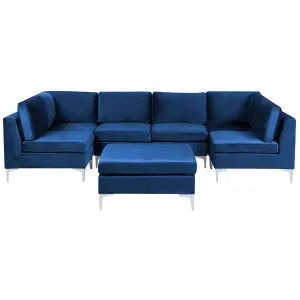 6 Seater U-Shaped Modular Velvet Sofa with Ottoman Blue EVJA