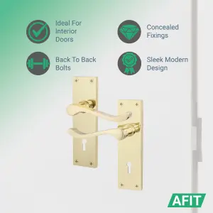 AFIT Polished Brass Victorian Scroll Door Handle Key Lock Set, 1 Pair of Internal Handles on Backplate, Hinges 76mm Sash Lock 64mm