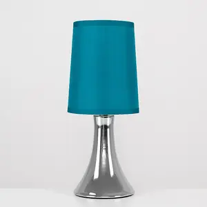 ValueLights Pair of - Small Chrome Touch Table Lamps with Teal Fabric Shades With 5w LED Dimmable Candle Bulbs In Warm White