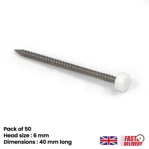 50pk UPVC Panel Pins 40mm Poly Top Pins Nails Plastic Headed Fascia Fixings Roofing Nails White