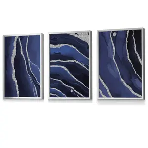 Set of 3 Abstract Navy Blue Silver Strokes Wall Art Prints / 30x42cm (A3) / Silver Frame