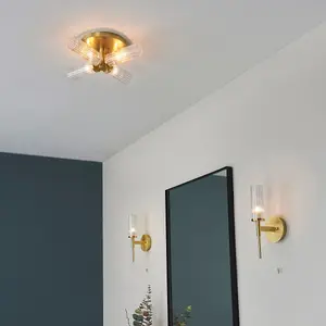 Luminosa Talo Bathroom Multi Arm Glass Semi Flush Ceiling Lamp, Satin Brass Plate, Ribbed Glass, IP44