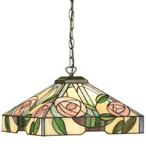 Tiffany Glass Hanging Ceiling Pendant Light Bronze & Square Rose Shade i00156