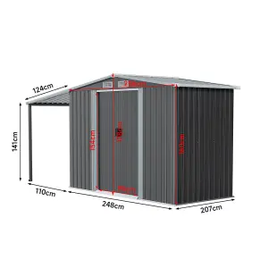 8x6 ft Apex Metal Shed Garden Storage Shed Double Door with Garden Shelter