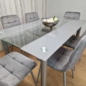 Grey Clear Glass Dining Table With 6 Grey Tufted Velvet Chairs Dining Set