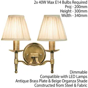 Avery Luxury Twin Arm Wall Light Traditional Antique Brass & Beige Pleat Shade