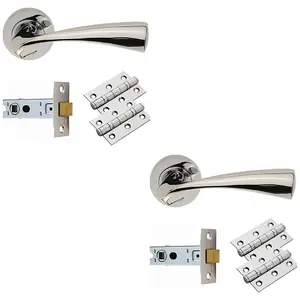 2 PACK - Door Handle & Latch Pack Set- Chrome Curved Flaired Lever Screwless Round Rose Kit