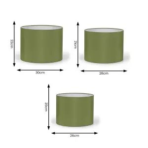 ValueLights Torbery Set of 3 - Small Medium Large Easy Fit Ceiling Light Shades Fabric Drum Lampshades - Olive Green