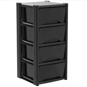 4 Drawer Large Plastic Storage Drawer Tower - Home, Offices and Children's Toys Storage Solution (Black Draw/ Black Frame)