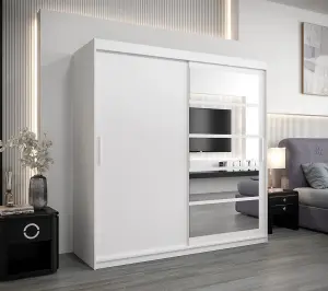 Modern White Roma I Sliding Door Wardrobe W2000mm H2000mm D620mm Mirrored Vertical Handles Sleek Storage Solution