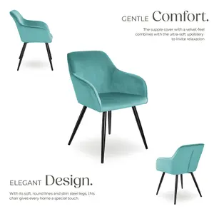 Chair Marilyn - with armrests, padded, velvet look, black steel legs - turquoise/black