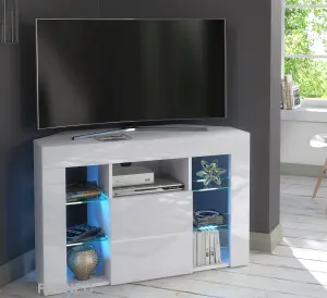 Furneo Venico02 White Corner TV Stand 100cm Matt & High Gloss Blue LED Lights