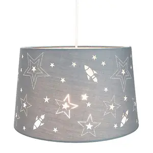 Fun Rockets and Stars Childrens/Kids Grey Cotton Bedroom Pendant or Lamp Shade