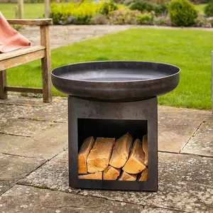 Laguna Fire Pit Bowl & Log Store - Weatherproof Metal Outdoor Garden Log Wood Burner with Brushed Oil Finish - H50 x 60cm Diameter