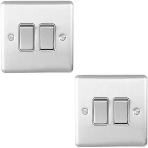 2 PACK 2 Gang Double Metal Light Switch SATIN STEEL 2 Way 10A Grey Trim