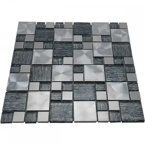 Luxury Textured Grey Glass & Brushed Steel Mix Mosaic Wall Tiles Sheet 8mm