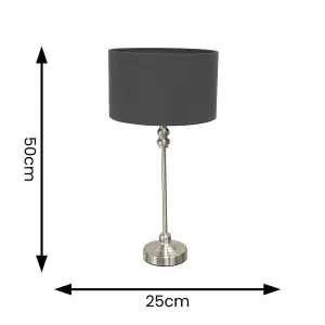 ValueLights Maggie Brushed Chrome Candlestick Table Lamp with Charcoal Fabric Drum Shade and LED Bulb